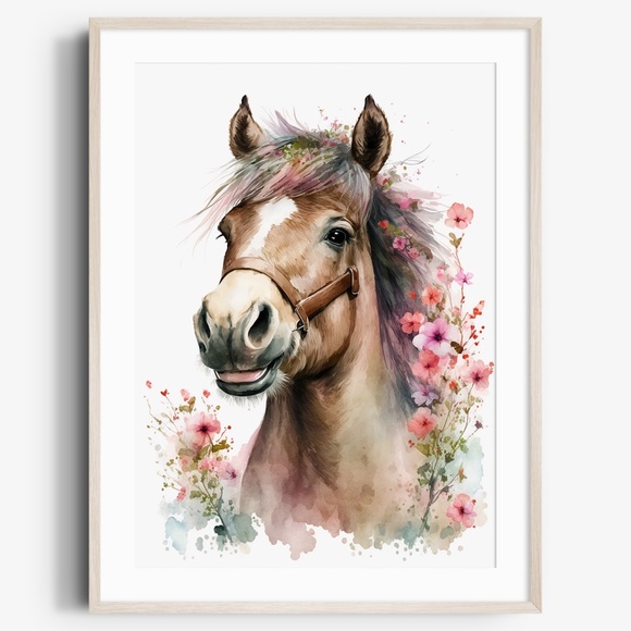 Other - Watercolor Cute Floral Horse Wall Art Illustration Print Poster Unframed